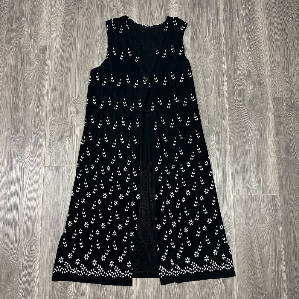 Vintage Softwear by Mark Singer Black Sleeveless Duster Vest with White Pattern